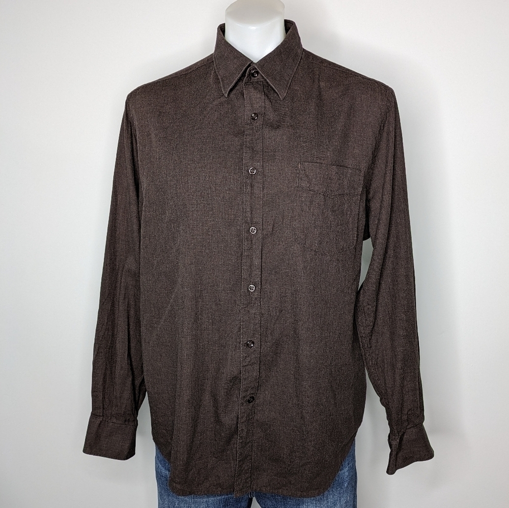 ✨3/$15 Perry Ellis brown long sleeve 100% cotton button up shirt XL